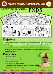 Marketing poster listing the objectives and principals of PNDS, written in Tetun.