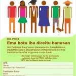 Marketing poster explaining that all members of the community, including women, the elderly and people with disabilities, can participate in PNDS, written in Tetun.