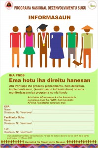 Marketing poster explaining that all members of the community, including women, the elderly and people with disabilities, can participate in PNDS, written in Tetun.