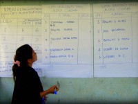 A women tallies votes on paper.