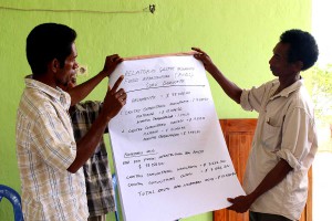 Two men hold up and explain financial information on a big sheet of paper.