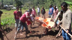 Community members fill wheelbarrows with dirt.
